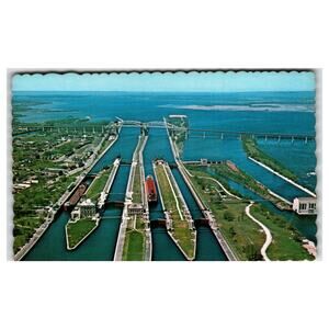 Soo Locks Sault Ste Marie MI Aerial View International Bridge Vintage Postcard